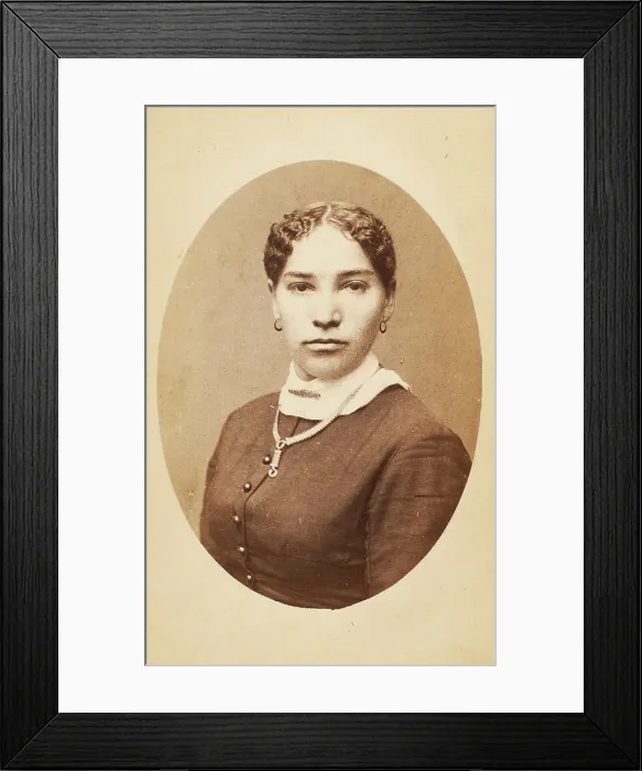 Framed Print : Studio portrait of young woman wearing chain necklace, c1880-c1889. Creator: Unknown Framed Print : Studio portrait of young woman wearing chain necklace, c1880-c1889. Creator: Unknown