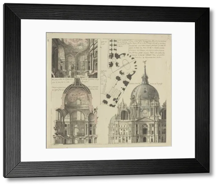 Framed Print : Three Views and a Plan of a Triangular Parish Church, c. 1750. Creator: Pierre Varin Framed Print : Three Views and a Plan of a Triangular Parish Church, c. 1750. Creator: Pierre Varin
