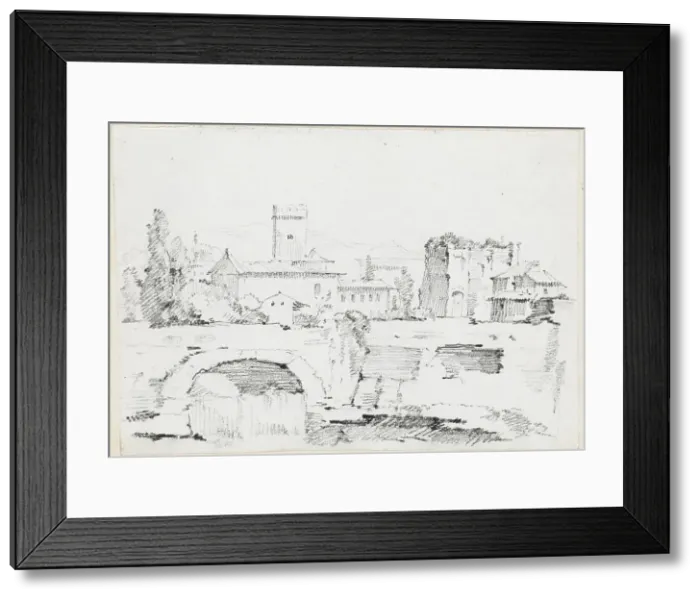 Framed Print : An Italian Town with a Stone Bridge and a Waterfall, 1744 / 1750. Creator: Joseph-Marie Vien the Elder Framed Print : An Italian Town with a Stone Bridge and a Waterfall, 1744 / 1750. Creator: Joseph-Marie Vien the Elder