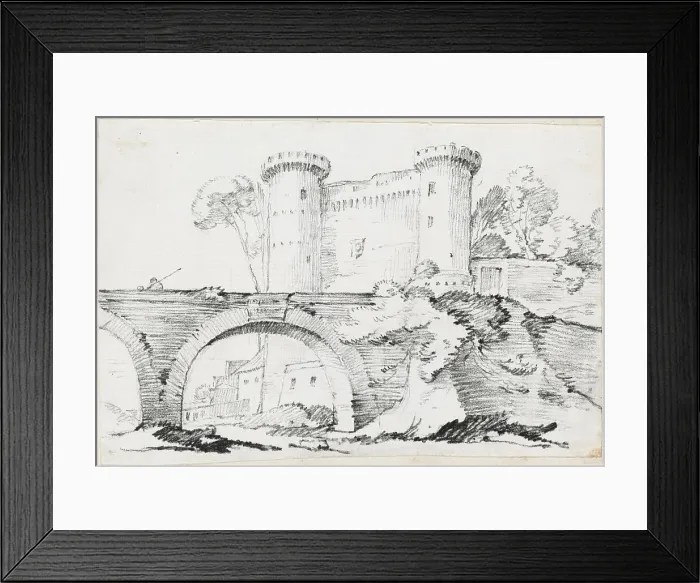 Framed Print : A Stone Bridge and the Fortified Entrance to a Town, 1744 / 1750. Creator: Joseph-Marie Vien the Elder Framed Print : A Stone Bridge and the Fortified Entrance to a Town, 1744 / 1750. Creator: Joseph-Marie Vien the Elder
