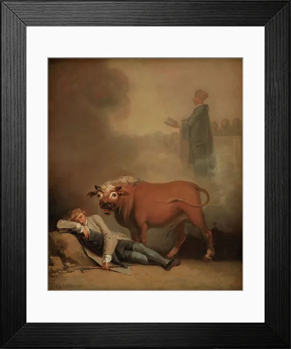 Framed Print : Niels Klim thinks he hears the Deacon when he is awakened by a Bull, 1785-1787. Creator: Nicolai Abraham Abildgaard Framed Print : Niels Klim thinks he hears the Deacon when he is awakened by a Bull, 1785-1787. Creator: Nicolai Abraham Abildgaard