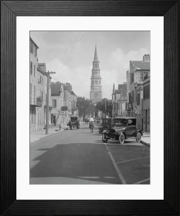 Framed Print : View down street to St. Philip's Church, Charleston, South Carolina, between 1920 and 1926. Creator: Arnold Genthe Framed Print : View down street to St. Philip's Church, Charleston, South Carolina, between 1920 and 1926. Creator: Arnold Genthe