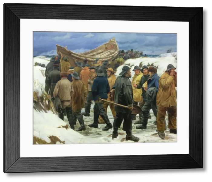 Framed Print : The Lifeboat is Taken through the Dunes, 1883. Creator: Michael Peter Ancher
