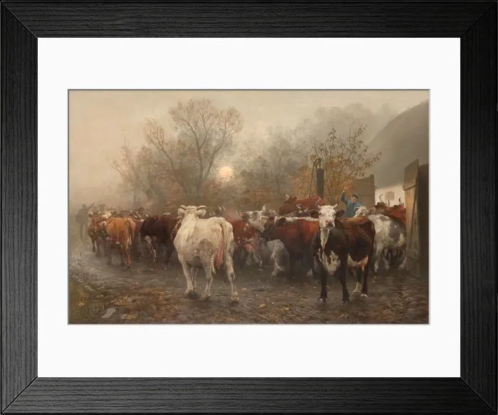 Framed Print : Driving Cows out of the Cowhouse, 1885. Creator: Otto Bache Framed Print : Driving Cows out of the Cowhouse, 1885. Creator: Otto Bache