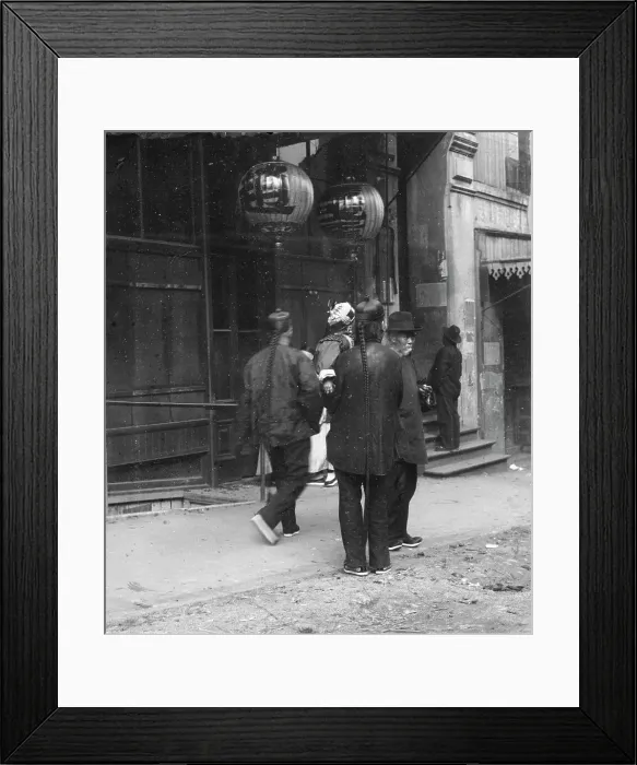 Framed Print : Men standing or walking down a sidewalk, Chinatown, San Francisco, between 1896 and 1906. Creator: Arnold Genthe Framed Print : Men standing or walking down a sidewalk, Chinatown, San Francisco, between 1896 and 1906. Creator: Arnold Genthe
