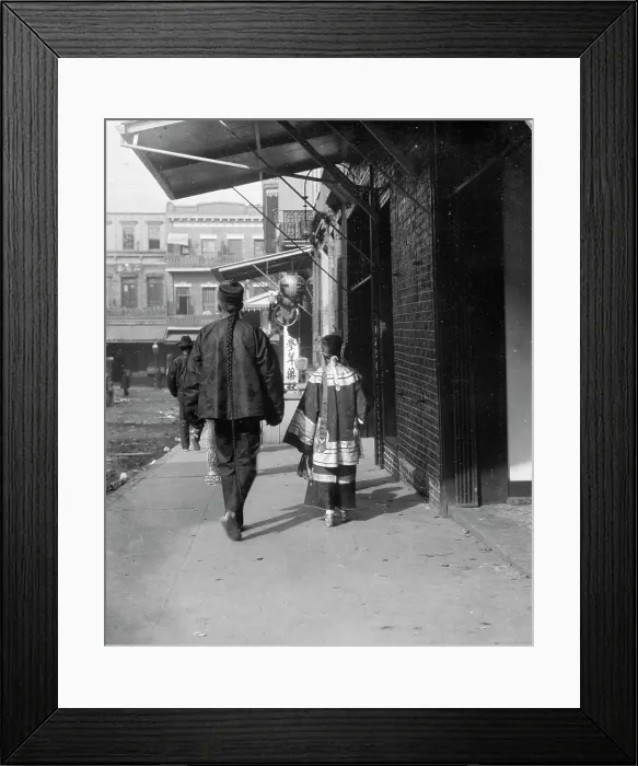 Framed Print : Man and a young girl walking down a sidewalk, Chinatown, San Francisco, between 1896 and 1906. Creator: Arnold Genthe Framed Print : Man and a young girl walking down a sidewalk, Chinatown, San Francisco, between 1896 and 1906. Creator: Arnold Genthe