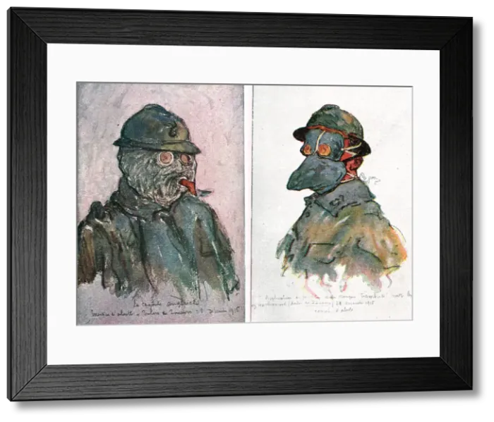 Framed Print : Sur le front d'artois - Feuilles d'Album de Jean Lefort; Masques contre les gaz, 1915 (1916). Creator: Jean Lefort Framed Print : Sur le front d'artois - Feuilles d'Album de Jean Lefort; Masques contre les gaz, 1915 (1916). Creator: Jean Lefort