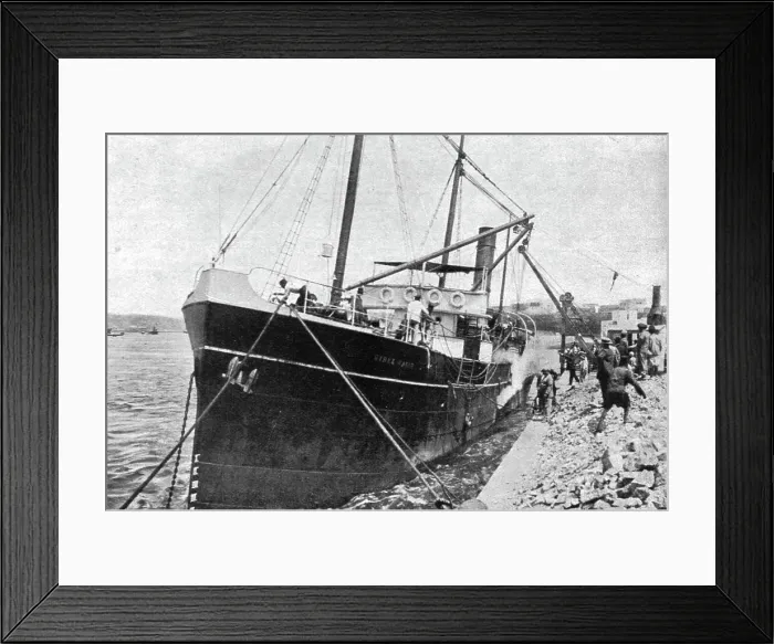Framed Print : La Maroc au travail; au Maroc - le premier vapeur s'amarrant au nouveau quai de Rabat, 1916. Creator: Espinasse Framed Print : La Maroc au travail; au Maroc - le premier vapeur s'amarrant au nouveau quai de Rabat, 1916. Creator: Espinasse