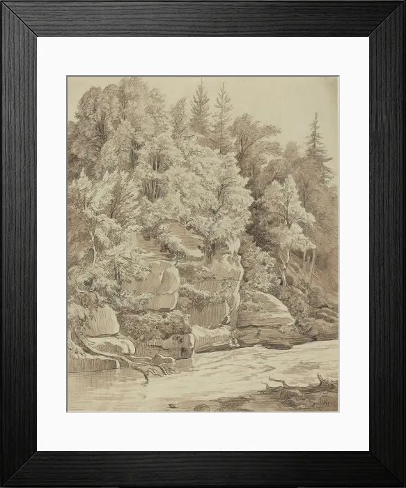 Framed Print : Wooded Cliffs along a Stream, 1840s. Creator: Carl Wagner Framed Print : Wooded Cliffs along a Stream, 1840s. Creator: Carl Wagner
