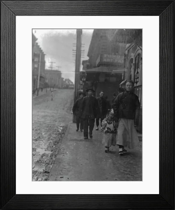 Framed Print : Man and a boy walking down a sidewalk with other people, Chinatown, San Francisco, c1896-1906. Creator: Arnold Genthe Framed Print : Man and a boy walking down a sidewalk with other people, Chinatown, San Francisco, c1896-1906. Creator: Arnold Genthe