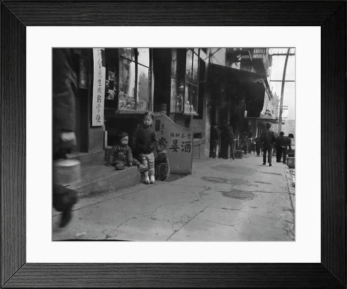 Framed Print : Three children in front of a cellar door, Chinatown, San Francisco, between 1896 and 1906. Creator: Arnold Genthe Framed Print : Three children in front of a cellar door, Chinatown, San Francisco, between 1896 and 1906. Creator: Arnold Genthe