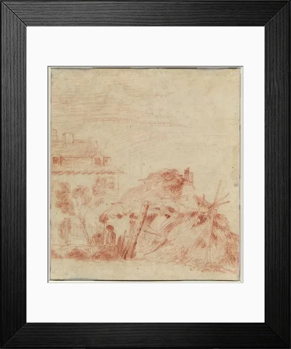 Framed Print : View of a House, a Cottage, and Two Figures [verso], 1718 / 1719. Creator: Jean-Antoine Watteau