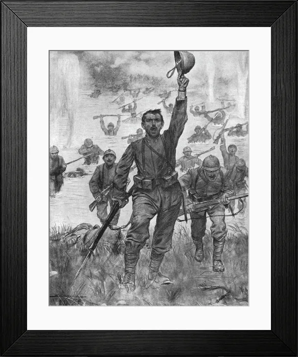 Framed Print : Le passage a gue de l'Isonzo par l'infanterie Italienne, 1916. Creator: J Simont Framed Print : Le passage a gue de l'Isonzo par l'infanterie Italienne, 1916. Creator: J Simont