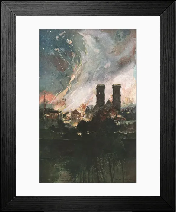 Framed Print : Verdun; Bombardement de Verdun avec des obus incendiaires (nuit du 25 au 26 mars 1916), 1916. Creator: Francois Flameng Framed Print : Verdun; Bombardement de Verdun avec des obus incendiaires (nuit du 25 au 26 mars 1916), 1916. Creator: Francois Flameng