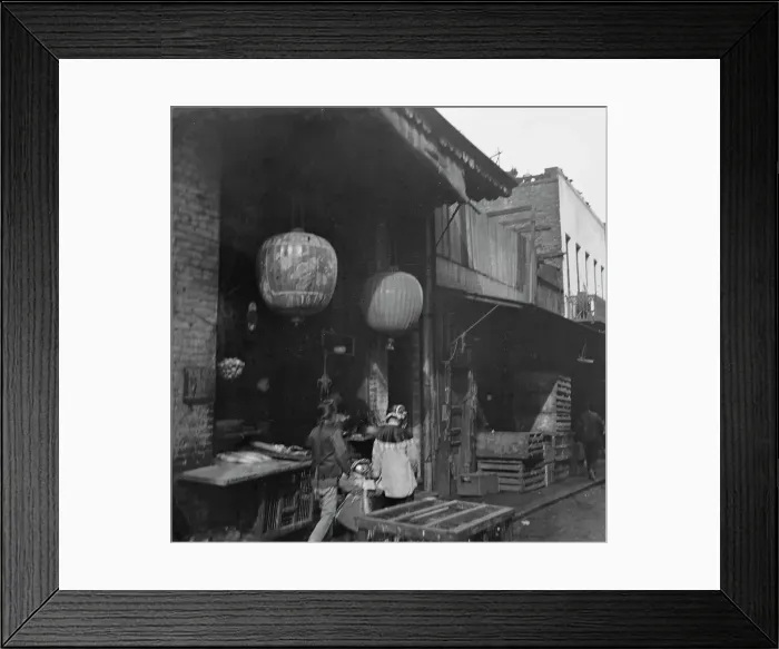 Framed Print : Two women and a child walking down a sidewalk betwen crates, Chinatown, San Francisco, c1896-1906. Creator: Arnold Genthe Framed Print : Two women and a child walking down a sidewalk betwen crates, Chinatown, San Francisco, c1896-1906. Creator: Arnold Genthe