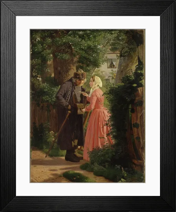 Framed Print : A Young Girl Asks the Mailman to Deliver a Letter, 1858. Creator: Christen Dalsgaard Framed Print : A Young Girl Asks the Mailman to Deliver a Letter, 1858. Creator: Christen Dalsgaard
