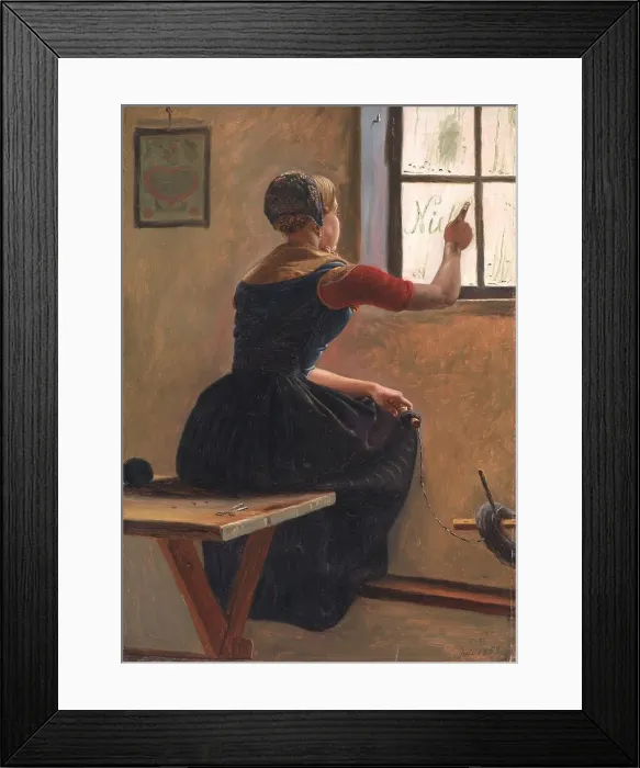 Framed Print : A Young Girl in Jutland Writing her Beloved's Name on a Misty Window, 1852. Creator: Christen Dalsgaard Framed Print : A Young Girl in Jutland Writing her Beloved's Name on a Misty Window, 1852. Creator: Christen Dalsgaard