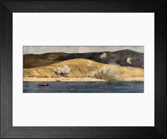 Framed Print : La baie de Suvla et les Falaises d'Anzac; Eclatements d'obus turcs de gros calibre, 1915 (1916). Creator: Norman Wilkinson Framed Print : La baie de Suvla et les Falaises d'Anzac; Eclatements d'obus turcs de gros calibre, 1915 (1916). Creator: Norman Wilkinson