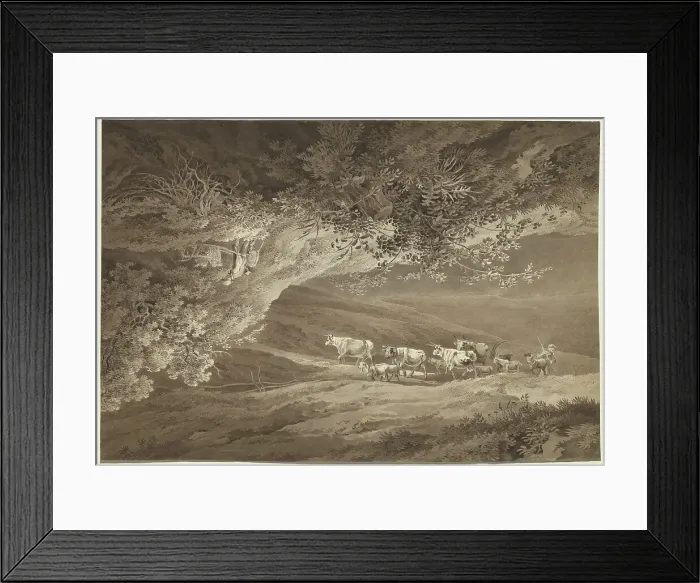 Framed Print : A Landscape with a Herd of Cows and Goats, Surmounted by Another Landscape... c. 1800. Creator: Adrian Zingg Framed Print : A Landscape with a Herd of Cows and Goats, Surmounted by Another Landscape... c. 1800. Creator: Adrian Zingg