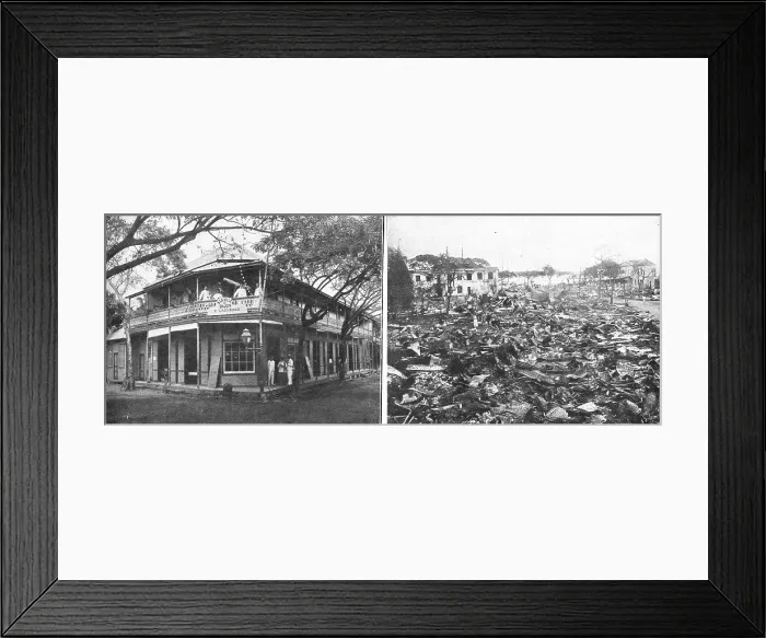 Framed Print : La Guerre de Course; Une maison de Papeete, avant et apres le bombardement, 1914. Creator: Unknown Framed Print : La Guerre de Course; Une maison de Papeete, avant et apres le bombardement, 1914. Creator: Unknown
