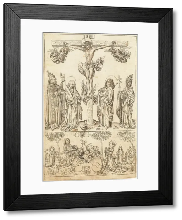 Framed Print : The Crucifixion with the Virgin and Saints and the Hungerstein Family, c. 1492. Creator: Master of the Strassburg Chronicle Framed Print : The Crucifixion with the Virgin and Saints and the Hungerstein Family, c. 1492. Creator: Master of the Strassburg Chronicle