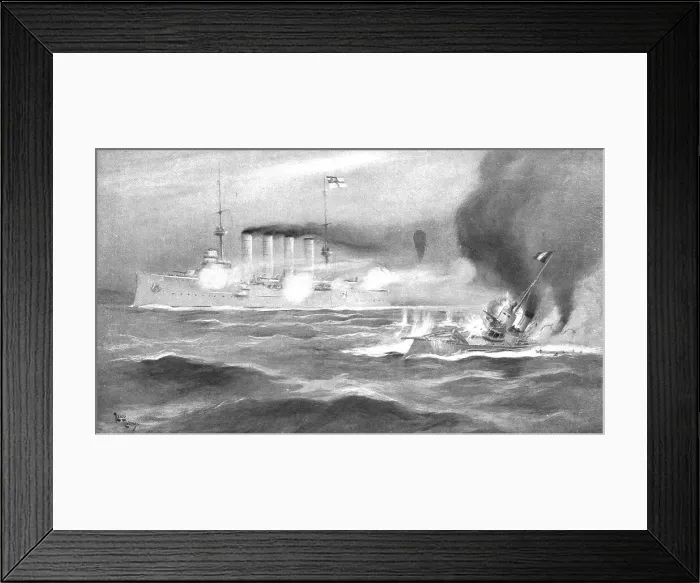 Framed Print : Le combat inegal du corsaire allemand Emden et du torpilleur francais Mousquet, 1914. Creator: Unknown. Le combat inegal du corsaire allemand Emden et du torpilleur francais Mousquet, 1914. Creator: Unknown Framed Print : Le combat inegal du corsaire allemand Emden et du torpilleur francais Mousquet, 1914. Creator: Unknown. Le combat inegal du corsaire allemand Emden et du torpilleur francais Mousquet, 1914. Creator: Unknown