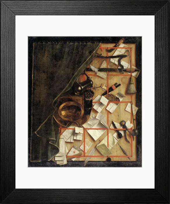 Framed Print : Trompe l'oeil - Letter Rack with a Barber-Surgeon's Instruments, 1668. Creator: Cornelis Norbertus Gysbrechts Framed Print : Trompe l'oeil - Letter Rack with a Barber-Surgeon's Instruments, 1668. Creator: Cornelis Norbertus Gysbrechts