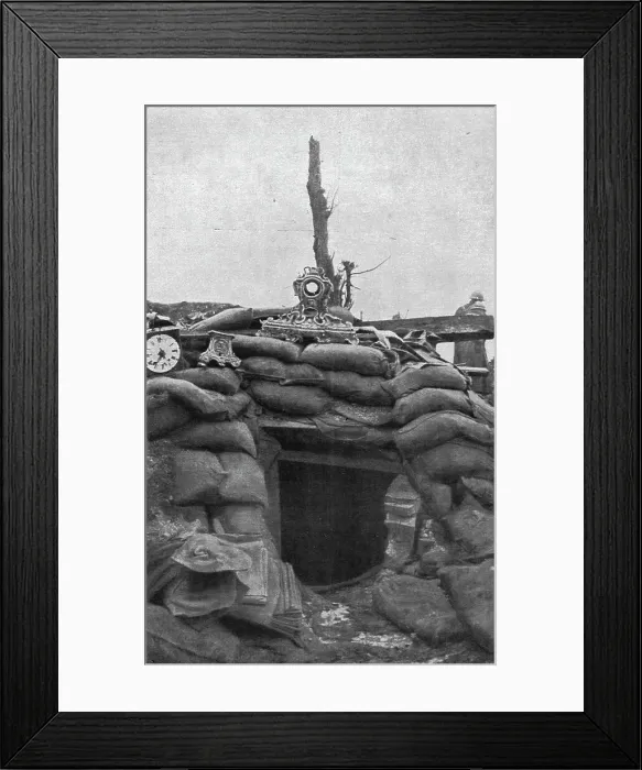 Framed Print : La bataille de la Somme; Pendules trouvees par nos soldats dans une cagna allemande de la... 1916. Creator: Unknown Framed Print : La bataille de la Somme; Pendules trouvees par nos soldats dans une cagna allemande de la... 1916. Creator: Unknown