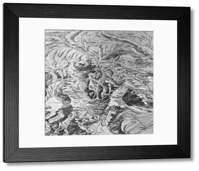 Framed Print : Sur le front des balkans. -- Vue panaoramique du terrain des operations dans les Balkans... 1916. Creator: L. Trinquier