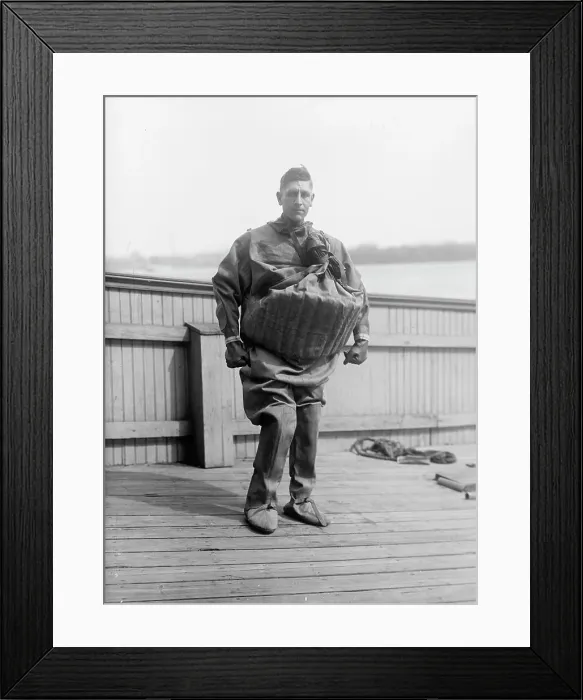 Framed Print : Life Saving Suit Worn By T. Aud, 1916. Creator: Harris & Ewing. Life Saving Suit Worn By T. Aud, 1916. Creator: Harris & Ewing Framed Print : Life Saving Suit Worn By T. Aud, 1916. Creator: Harris & Ewing. Life Saving Suit Worn By T. Aud, 1916. Creator: Harris & Ewing