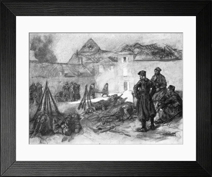 Framed Print : Scenes de Guerre; La nuit tombe, le 9 septembre, sur le chateau de Mondement, 1914. Creator: Lucien Jonas Framed Print : Scenes de Guerre; La nuit tombe, le 9 septembre, sur le chateau de Mondement, 1914. Creator: Lucien Jonas