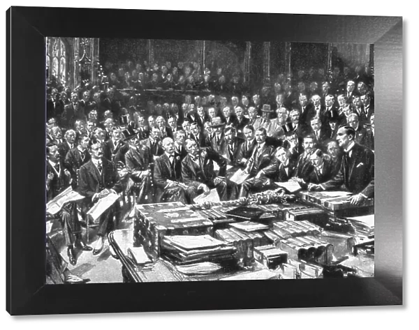 Face a L'agresseur, La séance historique du 3 aout 1914 a la Chambre des Communes, 1914. Creator: Samuel Begg