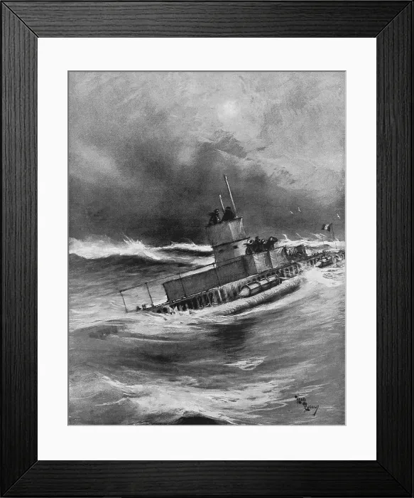 Framed Print : Un sous-marin en croisiere par gros temps, 1916. Creator: Henri Rudaux Framed Print : Un sous-marin en croisiere par gros temps, 1916. Creator: Henri Rudaux
