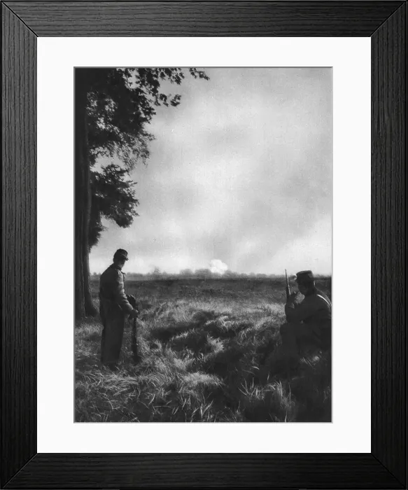 Framed Print : Sur la Ligne de Feu; Le premier shrapnell de la journee, 1914. Creator: Unknown Framed Print : Sur la Ligne de Feu; Le premier shrapnell de la journee, 1914. Creator: Unknown