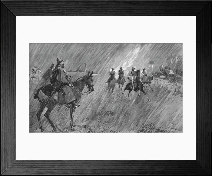 Framed Print : The Newmarket October Meeting -- Racing in Wind and Rain; rain on the Course, 1891. Creator: Unknown Framed Print : The Newmarket October Meeting -- Racing in Wind and Rain; rain on the Course, 1891. Creator: Unknown