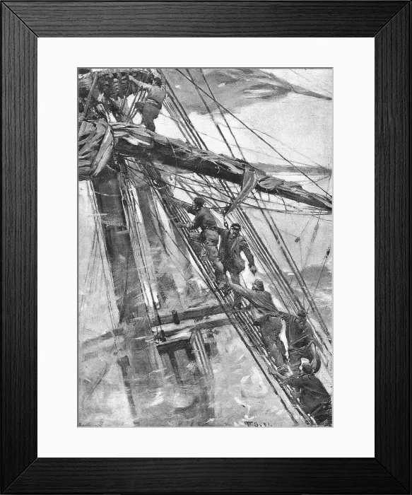 Framed Print : Aground -- The Crew take to the Rigging, 1891. Creator: Frank Brangwyn Framed Print : Aground -- The Crew take to the Rigging, 1891. Creator: Frank Brangwyn