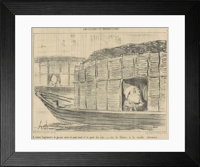 Framed Print : A louer, logements de garçon entre le... 19th century. Creator: Honore Daumier