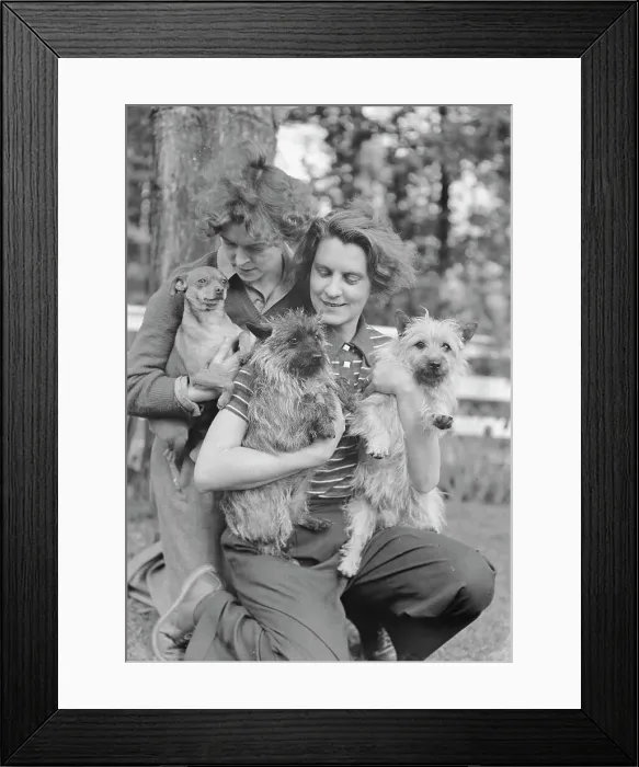 Framed Print : Le Gallienne, Eva, and unidentified woman, with dogs, outdoors, 1937 Creator: Arnold Genthe Framed Print : Le Gallienne, Eva, and unidentified woman, with dogs, outdoors, 1937 Creator: Arnold Genthe