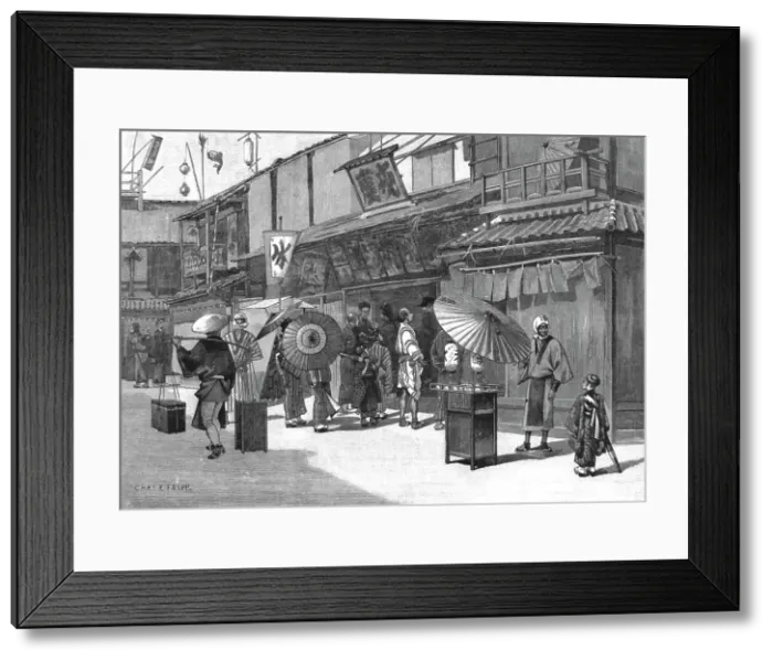Framed Print : The Exterior of a Japanese Theatre, 1891. Creator: Charles Edwin Fripp Framed Print : The Exterior of a Japanese Theatre, 1891. Creator: Charles Edwin Fripp