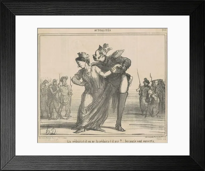 Framed Print : La séduira-t-il? Les Paris sont ouverts, 19th century. Creator: Honore Daumier Framed Print : La séduira-t-il? Les Paris sont ouverts, 19th century. Creator: Honore Daumier