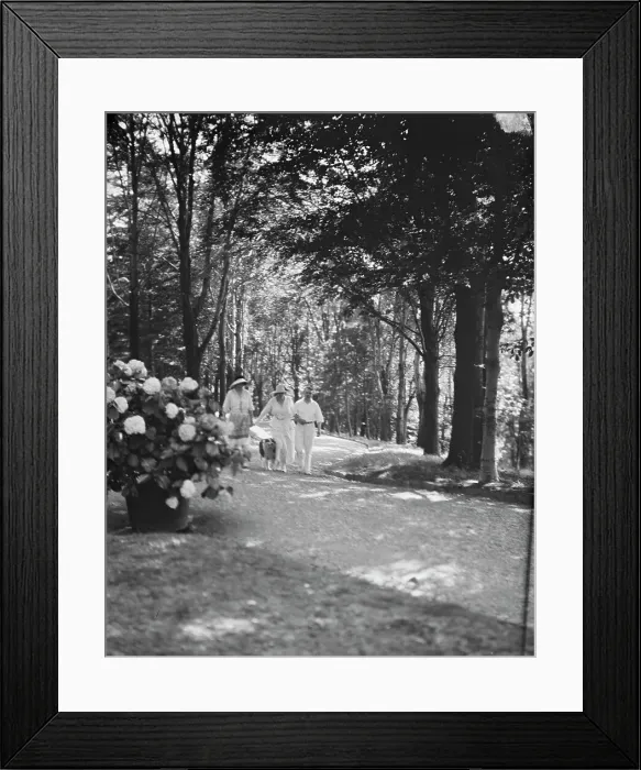 Framed Print : Leslie, Margeurite, and unidentified couple, walking in the woods, 1917 Aug. 18. Creator: Arnold Genthe