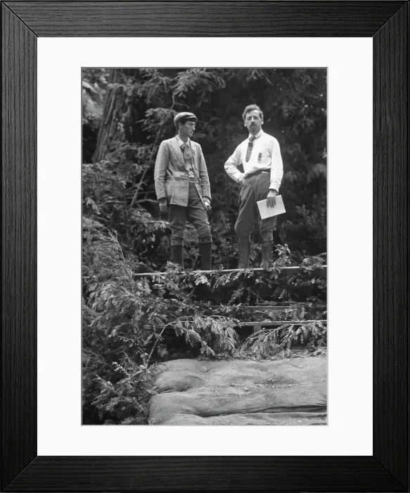 Framed Print : Sterling, George, and Porter Garnett, standing...at the Bohemian Grove, Sonoma, Ca. c1906-1911. Creator: Arnold Genthe Framed Print : Sterling, George, and Porter Garnett, standing...at the Bohemian Grove, Sonoma, Ca. c1906-1911. Creator: Arnold Genthe