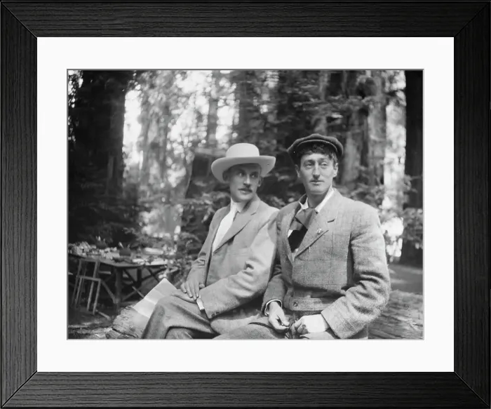Framed Print : Sterling, George, Mr. and an unidentified man, seated outdoors, between 1906 and 1914. Creator: Arnold Genthe Framed Print : Sterling, George, Mr. and an unidentified man, seated outdoors, between 1906 and 1914. Creator: Arnold Genthe