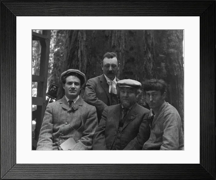 Framed Print : Sterling, George and Herman Scheffauer, with two other men, in front of a redwood, c1906-1911. Creator: Arnold Genthe Framed Print : Sterling, George and Herman Scheffauer, with two other men, in front of a redwood, c1906-1911. Creator: Arnold Genthe