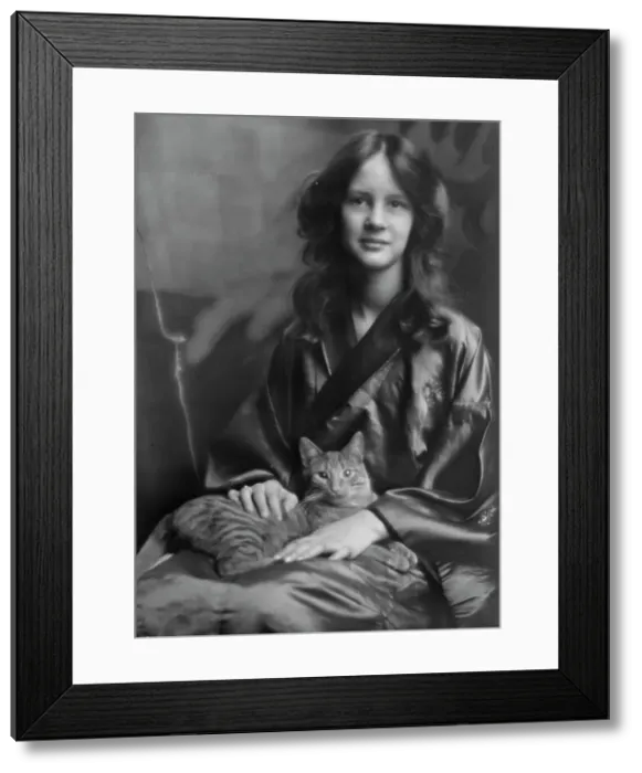 Framed Print : Stebbins, Jocelyn, Miss (Mrs. Fletcher), and Buzzer the cat, portrait photograph, 1912 or 1913. Creator: Arnold Genthe Framed Print : Stebbins, Jocelyn, Miss (Mrs. Fletcher), and Buzzer the cat, portrait photograph, 1912 or 1913. Creator: Arnold Genthe