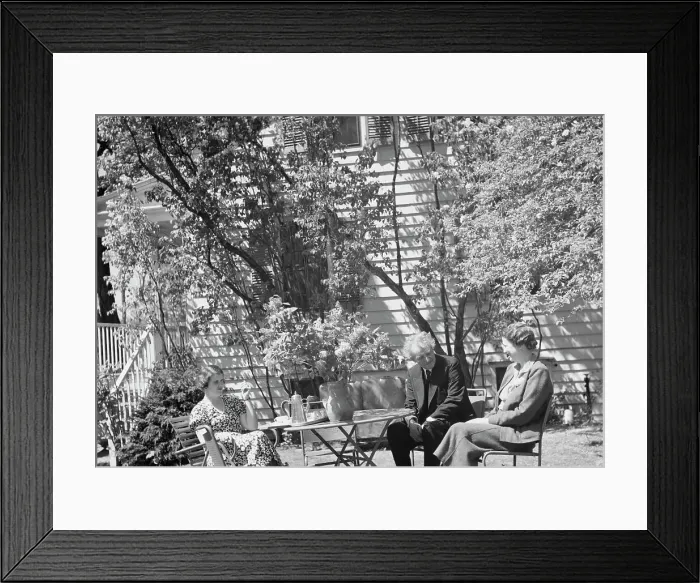 Framed Print : Benson, Mary, Mrs. with Arnold Genthe and an unidentified woman seated ouside at... c1933-c1942. Creator: Arnold Genthe Framed Print : Benson, Mary, Mrs. with Arnold Genthe and an unidentified woman seated ouside at... c1933-c1942. Creator: Arnold Genthe