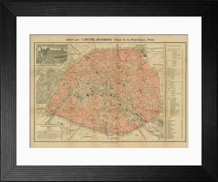 Framed Print : Plan de Paris, 1890. Offert par l'Hôtel Moderne, Place de la République, Paris, 1890. Creator: Anonymous Framed Print : Plan de Paris, 1890. Offert par l'Hôtel Moderne, Place de la République, Paris, 1890. Creator: Anonymous