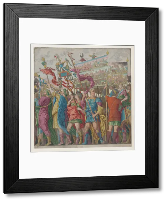 Framed Print : Sheet 1: Soldiers carrying banners, from The Triumph of Julius Caesar, 1599. Creator: Andreani, Andrea (c. 1540-after 1610) Framed Print : Sheet 1: Soldiers carrying banners, from The Triumph of Julius Caesar, 1599. Creator: Andreani, Andrea (c. 1540-after 1610)