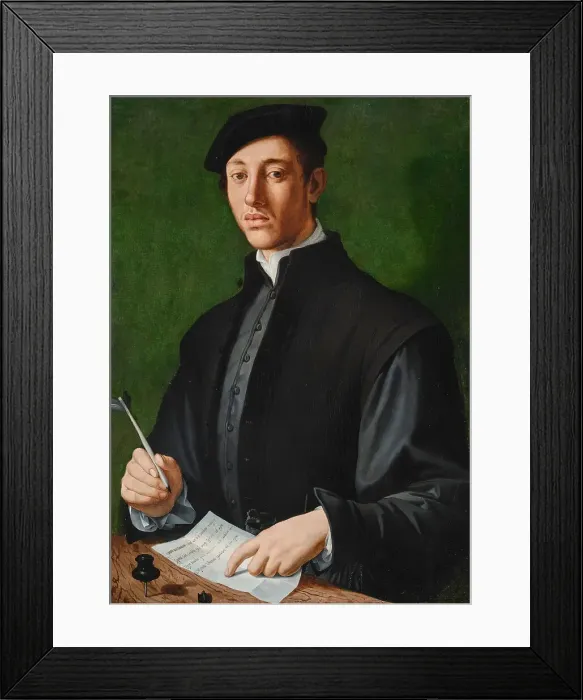 Framed Print : Portrait of a young man with a quill and a sheet of paper (Self-Portrait), c. 1527. Creator: Bronzino, Agnolo (1503-1572) Framed Print : Portrait of a young man with a quill and a sheet of paper (Self-Portrait), c. 1527. Creator: Bronzino, Agnolo (1503-1572)