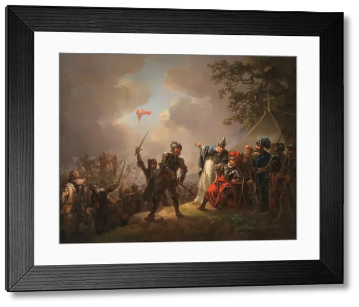 Framed Print : The Legend of the Danish Flag (the Dannebrog) Falling from the Heavens during the Battle... 1809. Creator: Christian August Lorentzen Framed Print : The Legend of the Danish Flag (the Dannebrog) Falling from the Heavens during the Battle... 1809. Creator: Christian August Lorentzen